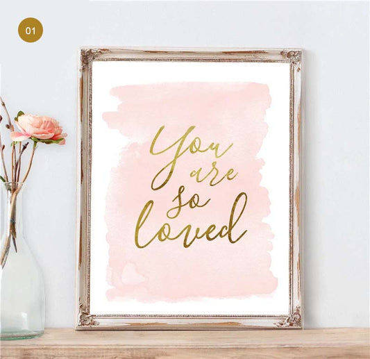 Cute Pink Golden Love Letters Canvas Prints Simple Quotes Wall Art Posters For Bedroom Living Room Nursery Room Art Decor