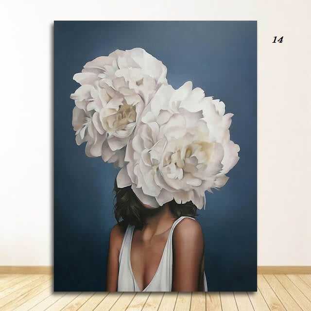Women with Flowers Feather Head Canvas Prints | Empower Woman Abstract Fashion Nordic Style Wall Art Modern Poster For Living Room Bedroom Home Décor