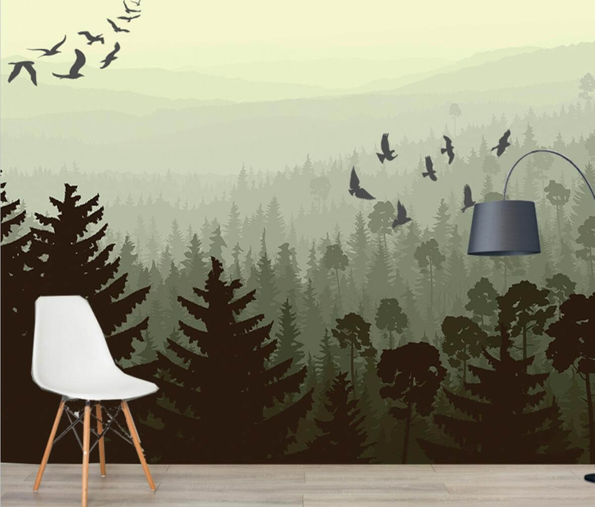 Forest Trees Silhouette Dark Green Mural Wallpaper (SqM)