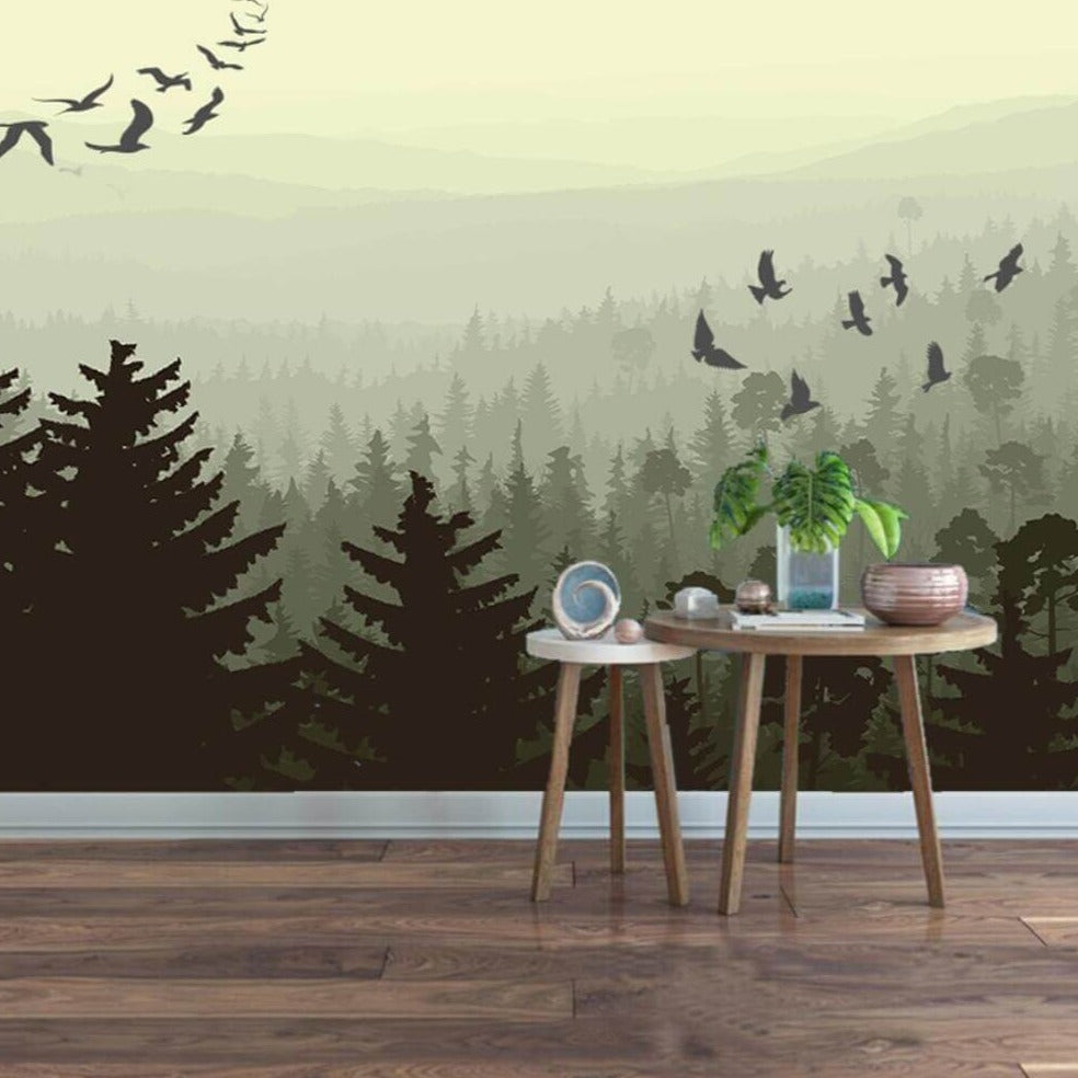 Forest Trees Silhouette Dark Green Mural Wallpaper (SqM)