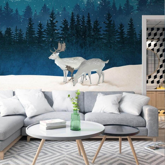 Night Forest Tree Silhouette and Elks Mural Wallpaper (SqM)