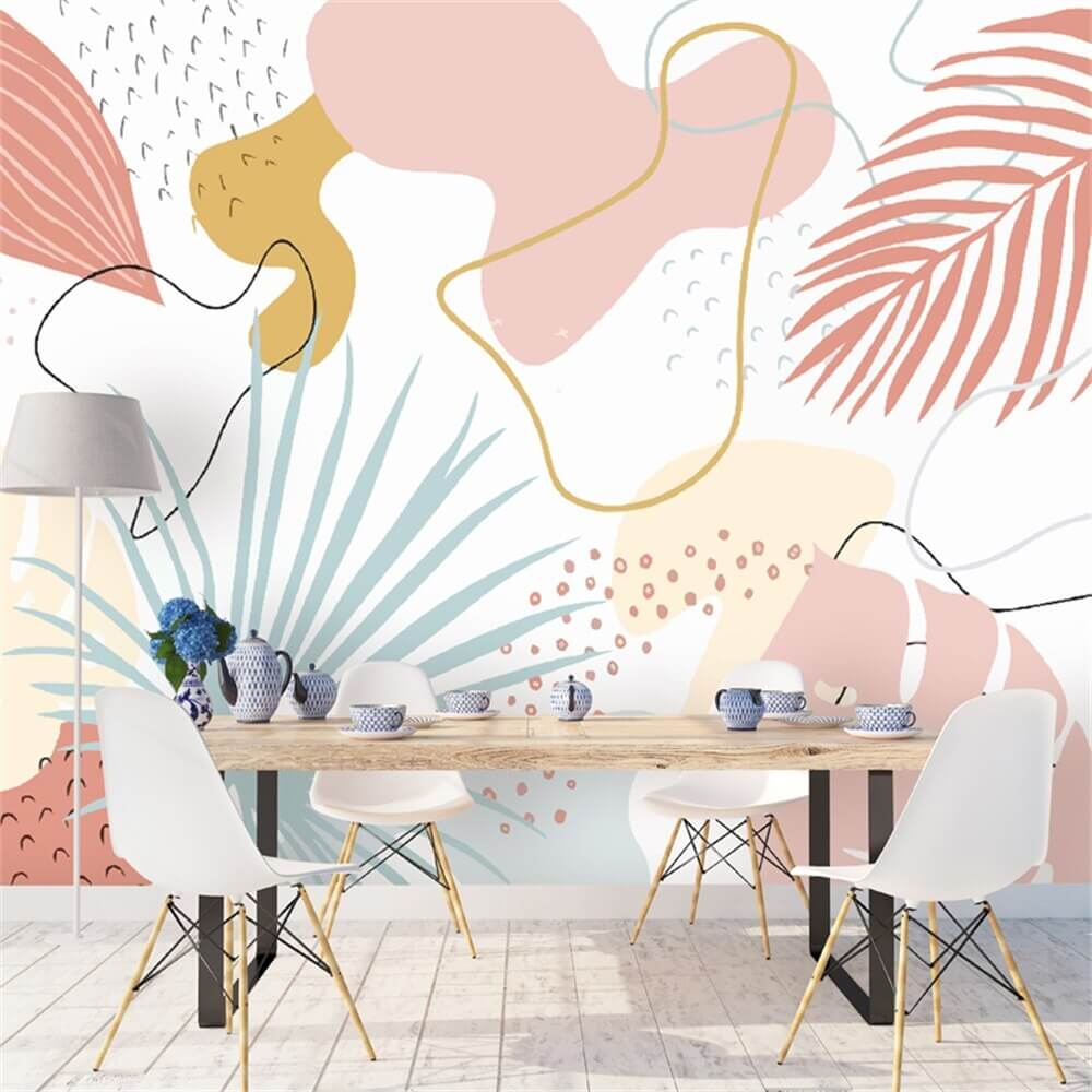 Pastel Pink and Blue Abstract Leaves Mural Wallpaper (SqM)