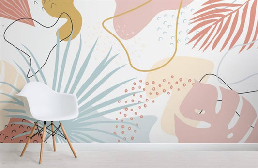 Pastel Pink and Blue Abstract Leaves Mural Wallpaper (SqM)