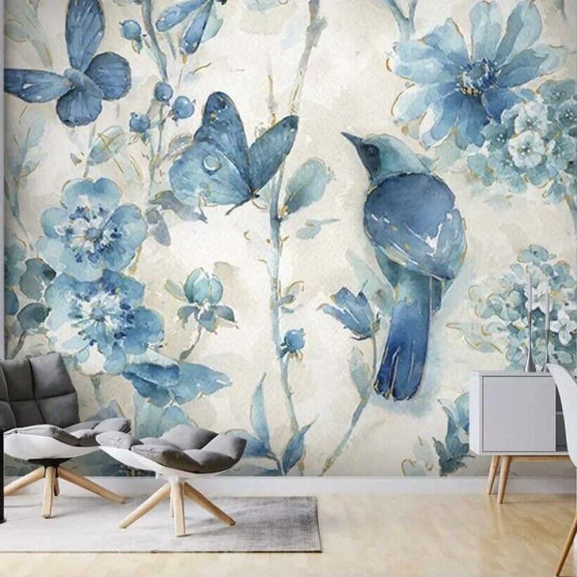 Watercolor Blue Flowers and Birds Mural Wallpaper (SqM)