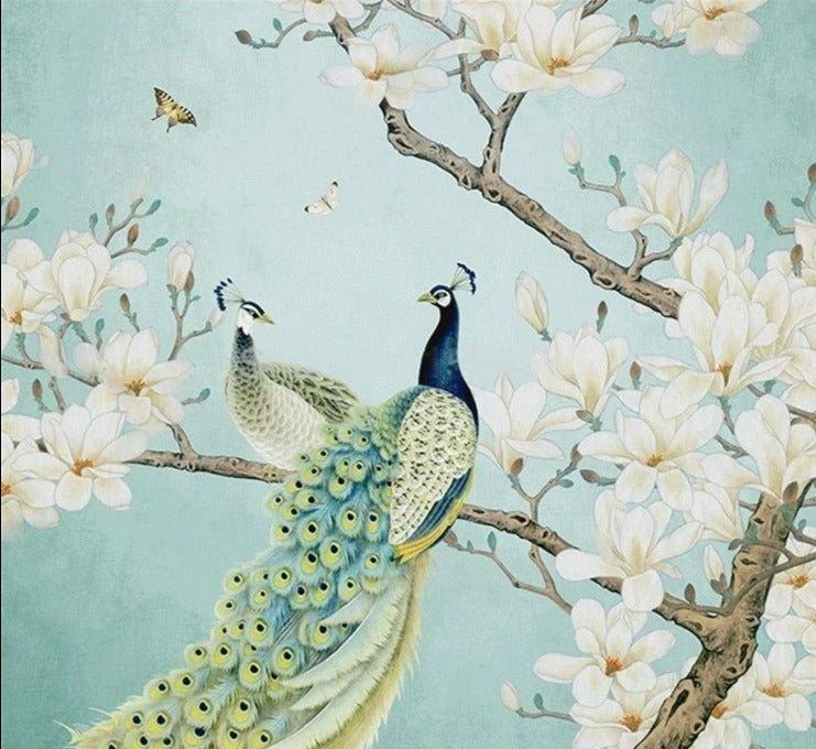 Chinoiserie White Magnolia Flowers and Peacock Mural Wallpaper (SqM)