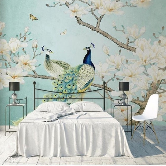 Chinoiserie White Magnolia Flowers and Peacock Mural Wallpaper (SqM)