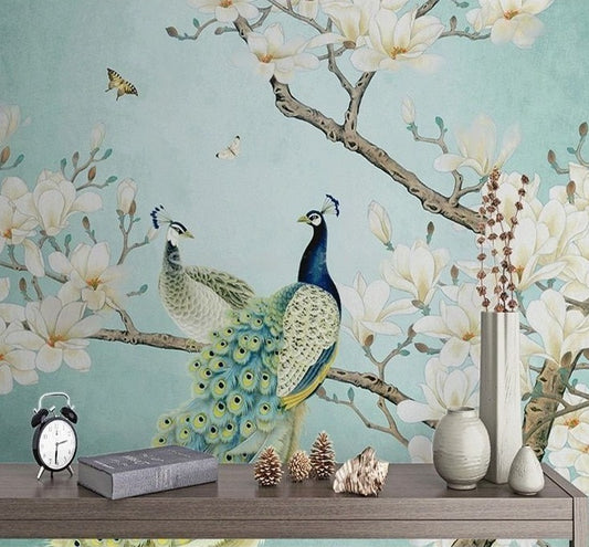 Chinoiserie White Magnolia Flowers and Peacock Mural Wallpaper (SqM)