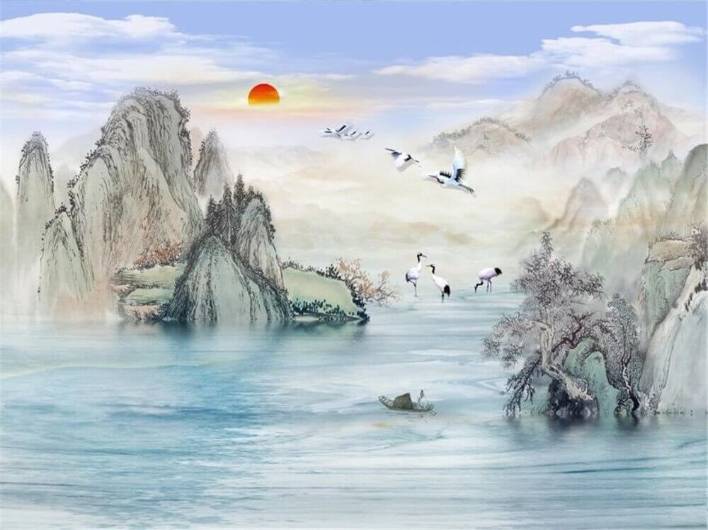 Chinoiserie Mountain Landscape Mural Wallpaper (SqM)