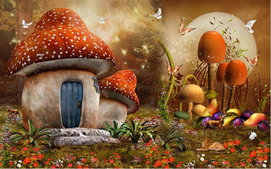 Fairy Tale Mushrooms House Mural Wallpaper (SqM)