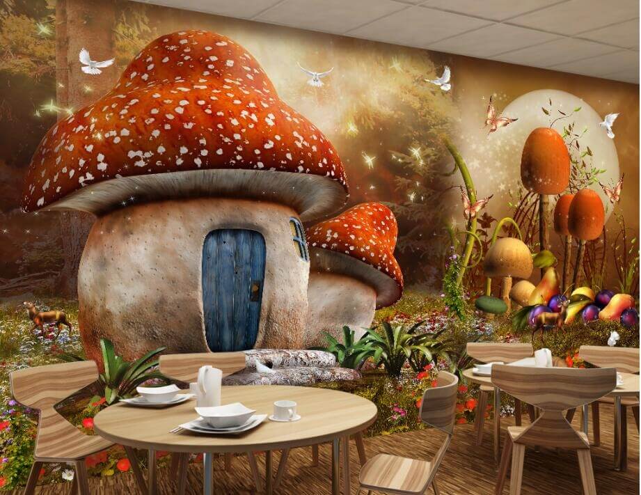 Fairy Tale Mushrooms House Mural Wallpaper (SqM)