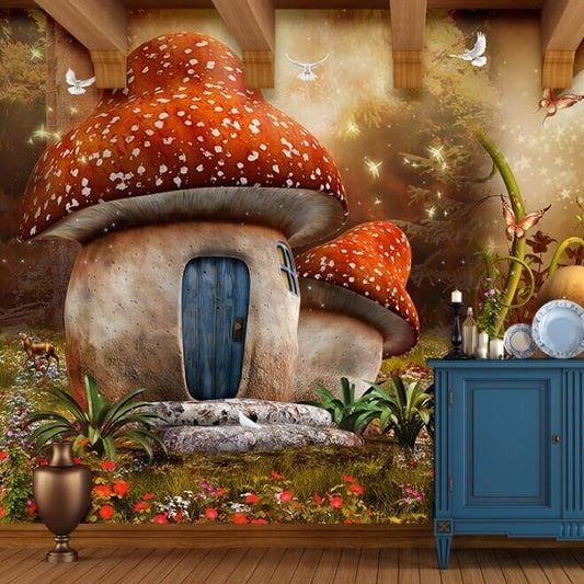Fairy Tale Mushrooms House Mural Wallpaper (SqM)