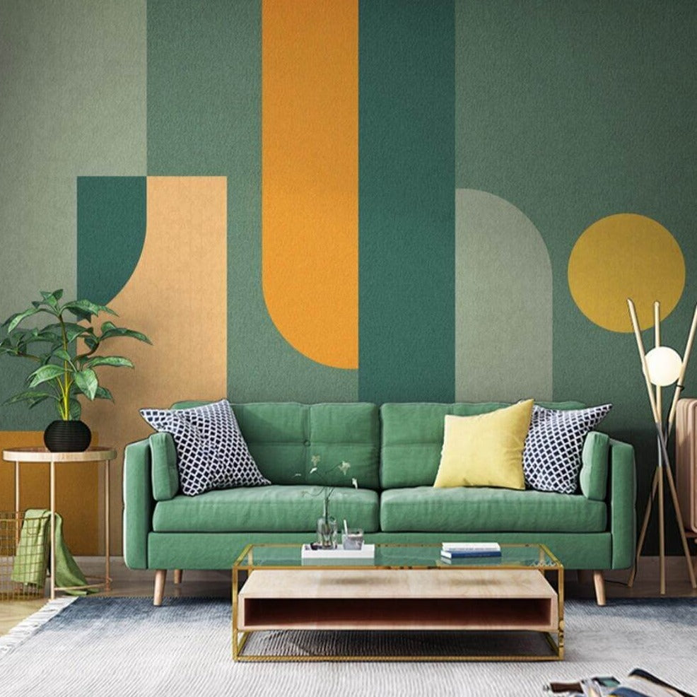 Geometric Green and Yellow Arches Mural Wallpaper (SqM)