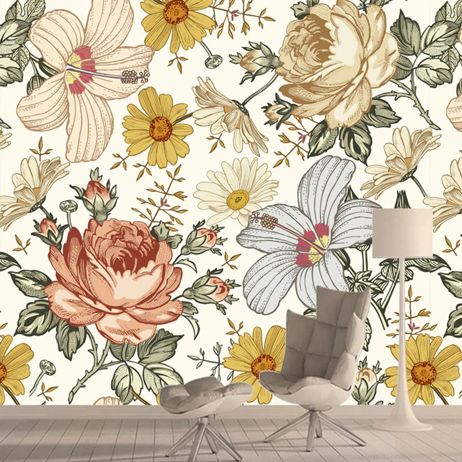 Retro Pastel Flowers Mural Wallpaper (SqM)