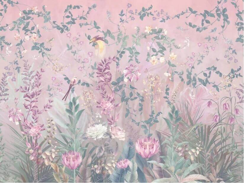 Retro Pastoral Flowers Pink Mural Wallpaper (SqM)