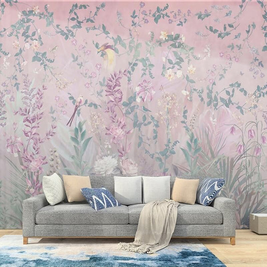 Retro Pastoral Flowers Pink Mural Wallpaper (SqM)