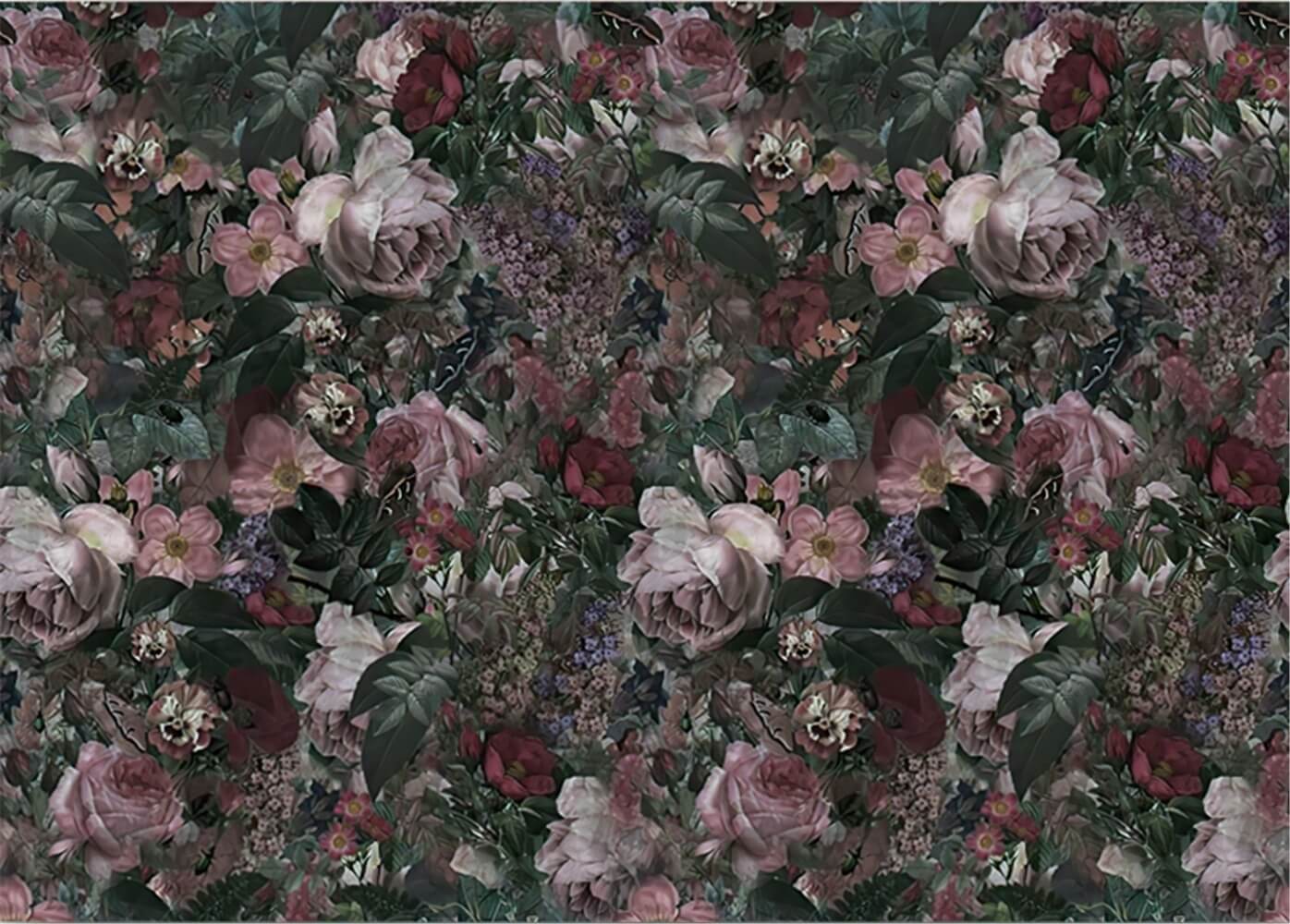 Retro Pink Flowers Dark Mural Wallpaper (SqM)