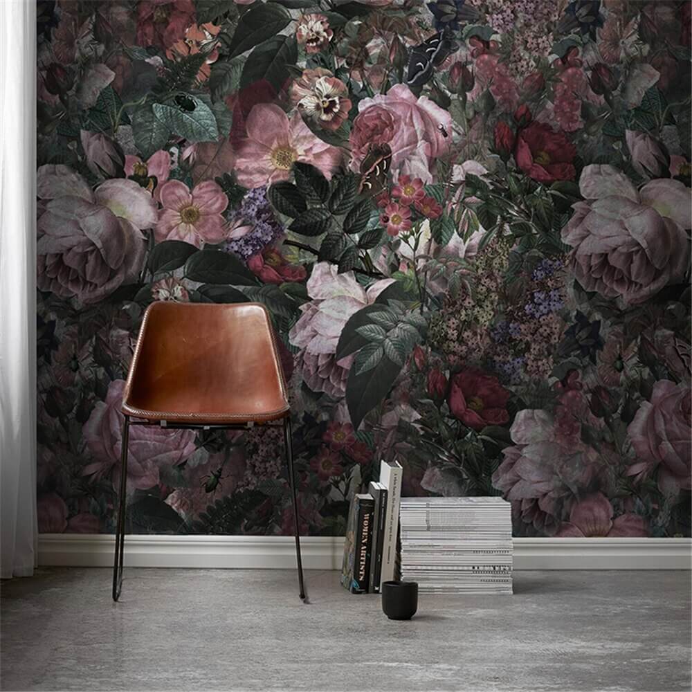 Retro Pink Flowers Dark Mural Wallpaper (SqM)