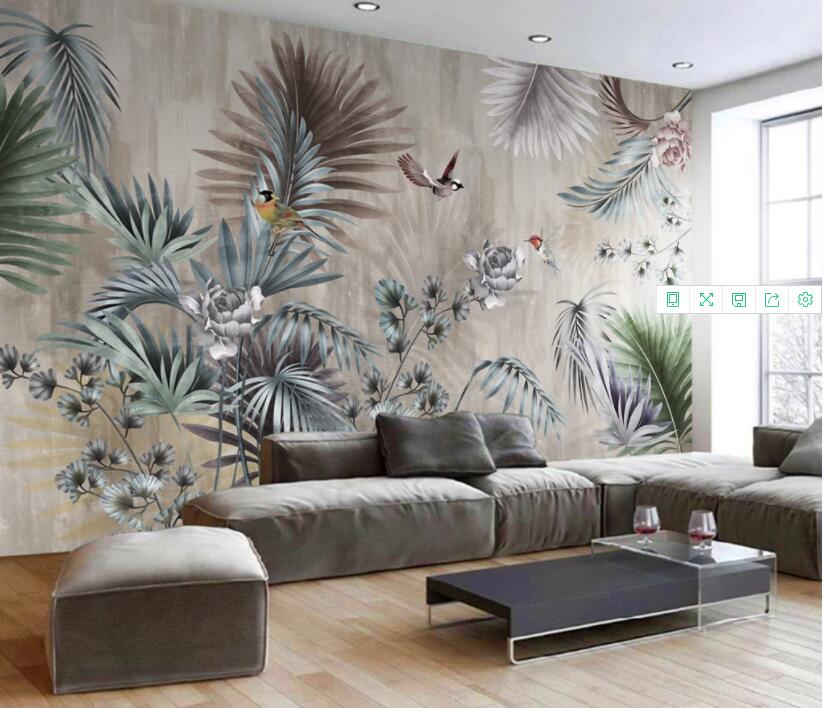 Retro Tropical Palm Leaves and Birds Mural Wallpaper (SqM)