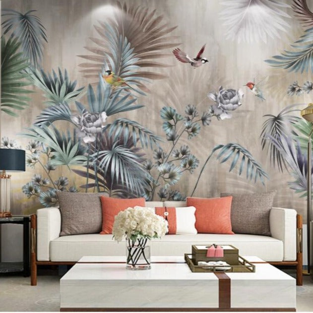 Retro Tropical Palm Leaves and Birds Mural Wallpaper (SqM)