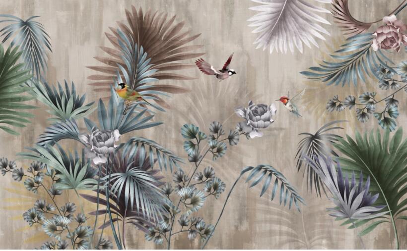 Retro Tropical Palm Leaves and Birds Mural Wallpaper (SqM)