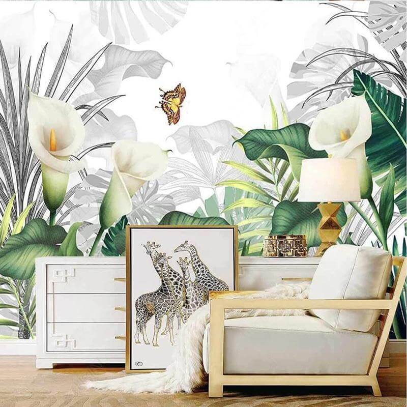 Tropical Leaves and White Callas Mural Wallpaper (SqM)