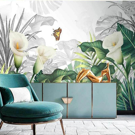 Tropical Leaves and White Callas Mural Wallpaper (SqM)