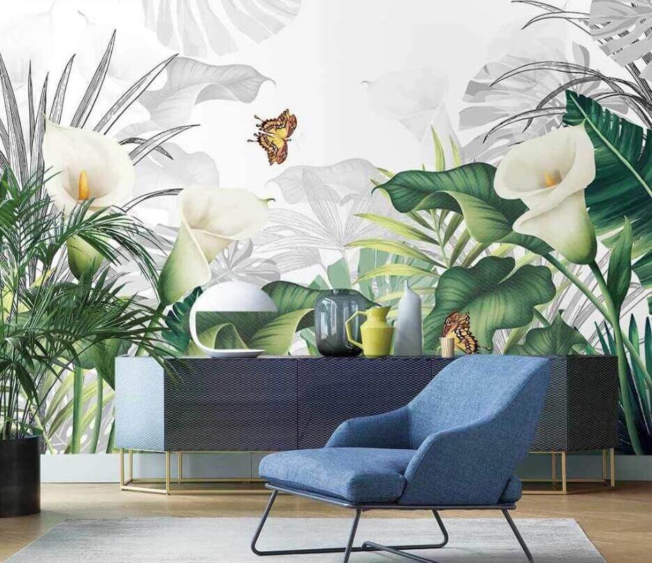 Tropical Leaves and White Callas Mural Wallpaper (SqM)