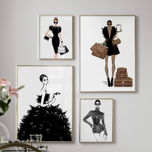 Parisian Fashion Shopping Girl Canvas Prints | Minimalist Nordic Style Wall Art For Living Room Girls Room Salon Modern Décor
