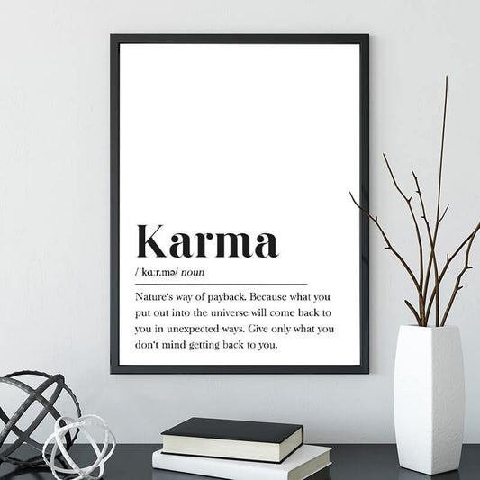 Karma Definition Minimalist Black and White Canvas Print | Inspirational Buddhist Wall Art For Living Room Yoga Salon Home Office Décor