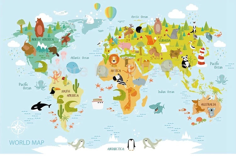 Cartoon Animal World Map Mural Wallpaper (SqM)