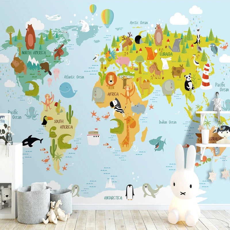 Cartoon Animal World Map Mural Wallpaper (SqM)