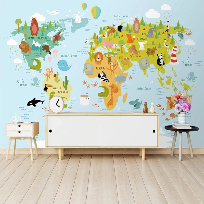 Cartoon Animal World Map Mural Wallpaper (SqM)