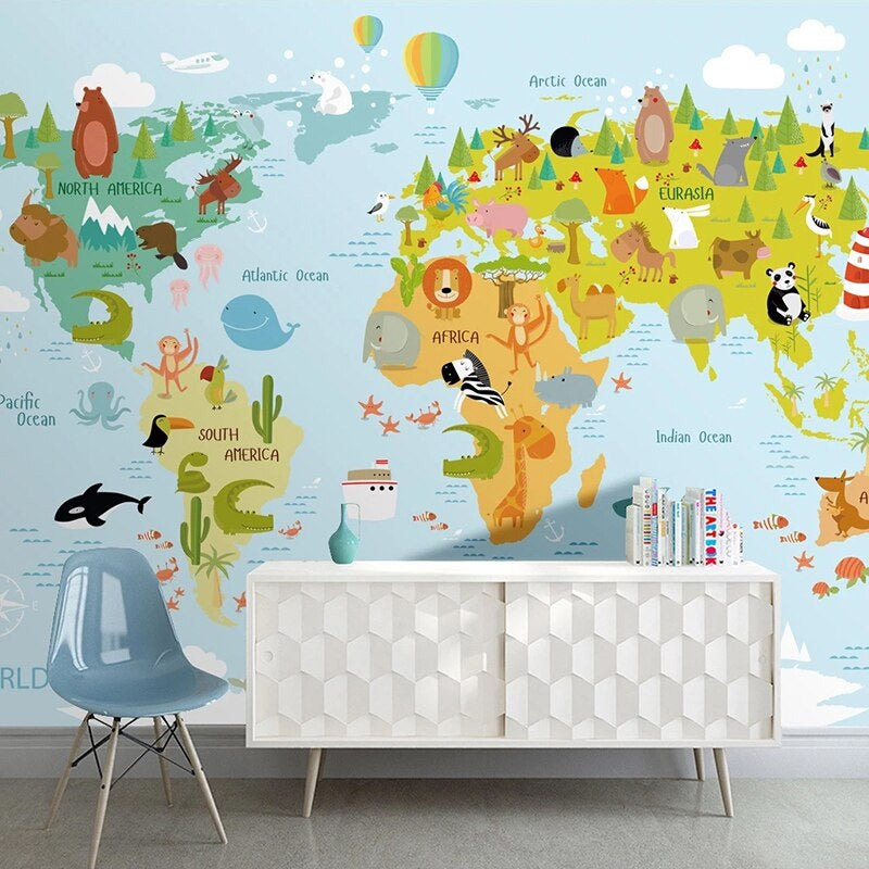 Cartoon Animal World Map Mural Wallpaper (SqM)