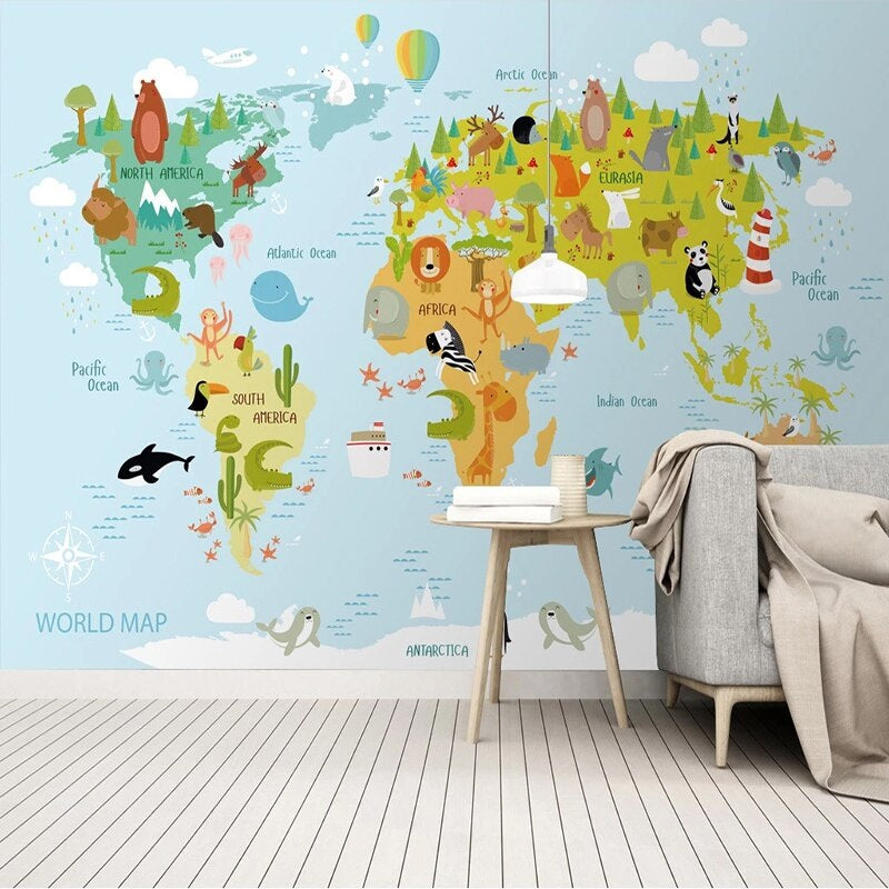 Cartoon Animal World Map Mural Wallpaper (SqM)