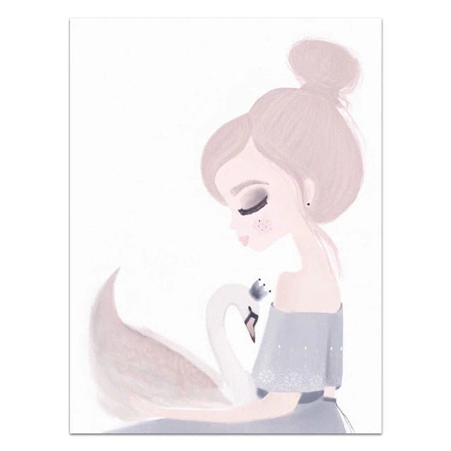 Cartoon Girl and Swan Canvas Print