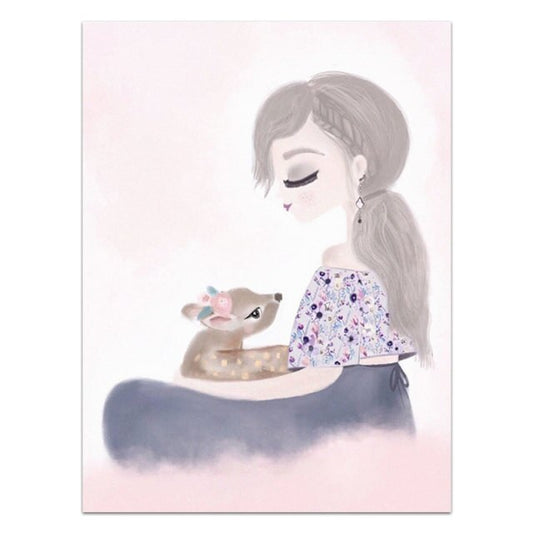 Cartoon Girl and Doe Canvas Print