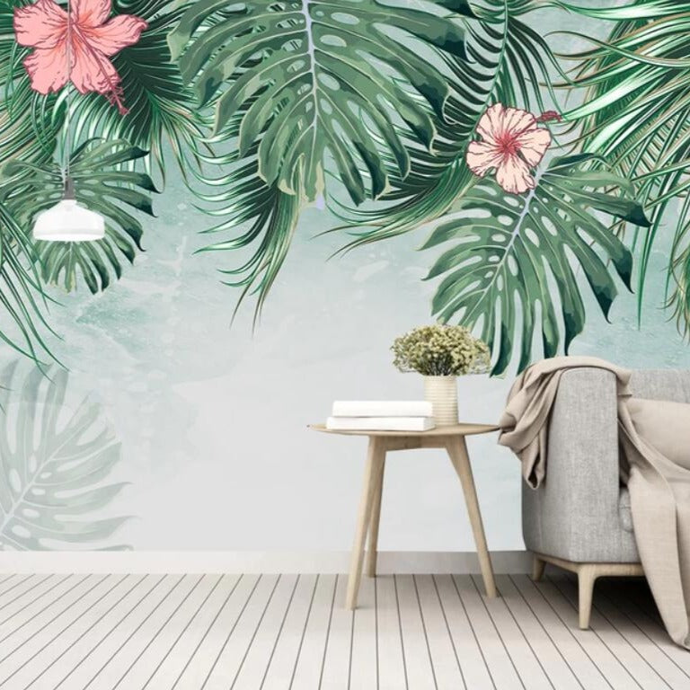 Falling Tropical Leaves & Flowers Mural Wallpaper (SqM)