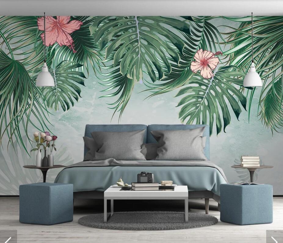 Falling Tropical Leaves & Flowers Mural Wallpaper (SqM)