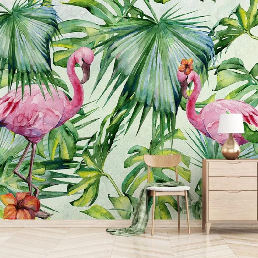 Flamingo Couple under the Tropical Leaves Mural Wallpaper (SqM)