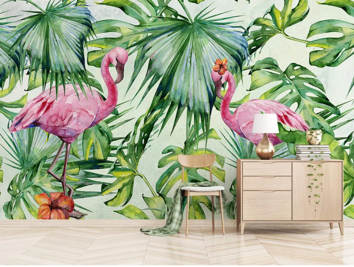 Flamingo Couple under the Tropical Leaves Mural Wallpaper (SqM)