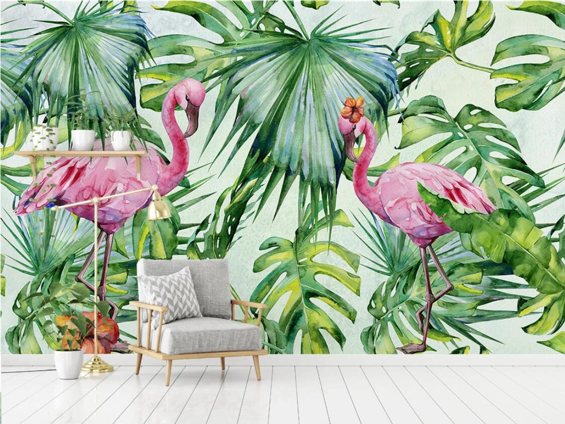 Flamingo Couple under the Tropical Leaves Mural Wallpaper (SqM)