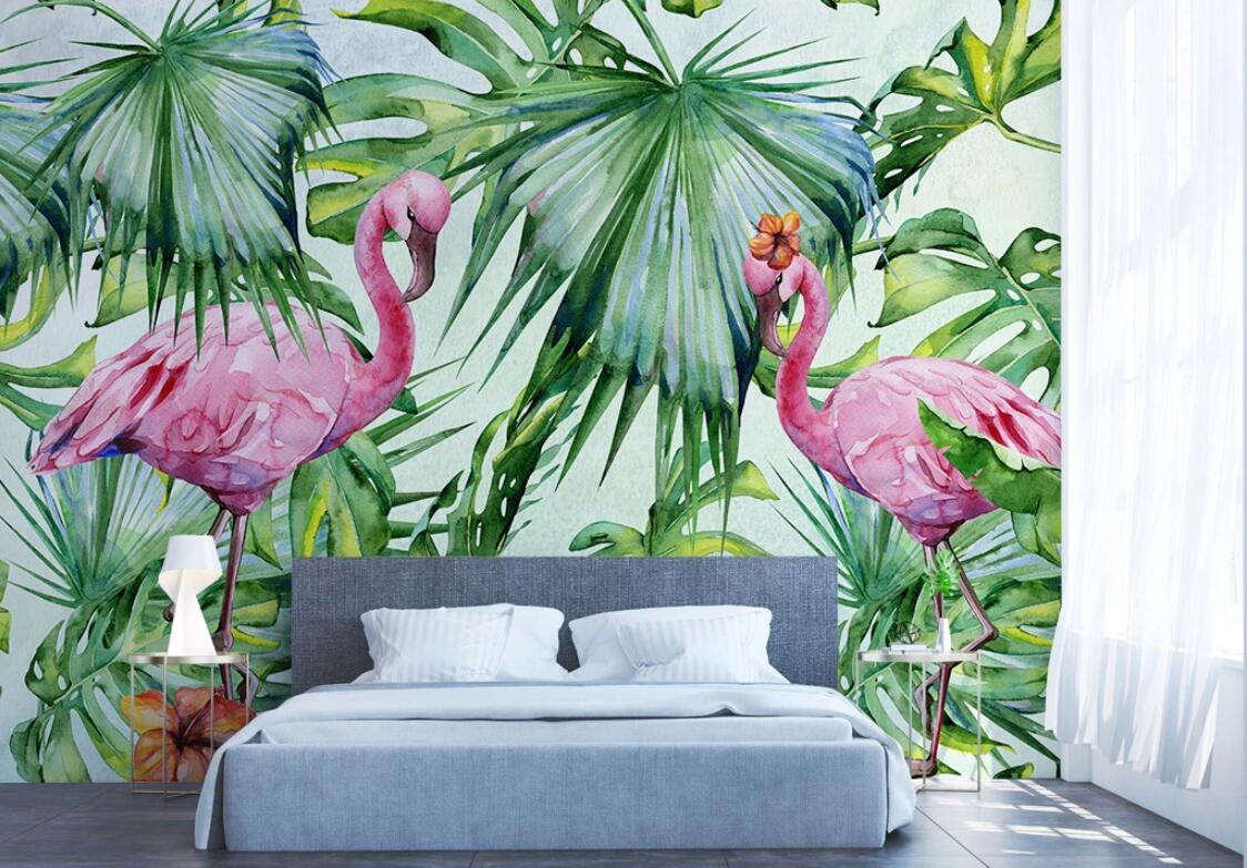 Flamingo Couple under the Tropical Leaves Mural Wallpaper (SqM)