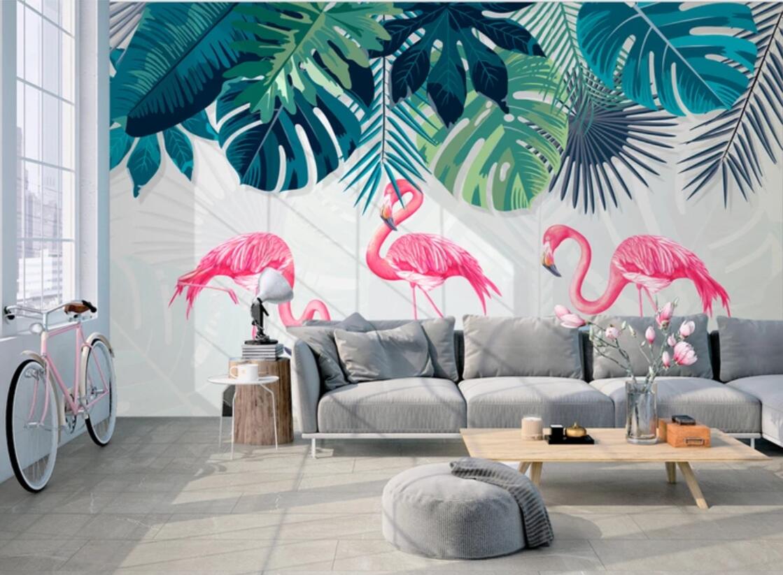 Flamingo under the Tropical Leaves Mural Wallpaper (SqM)