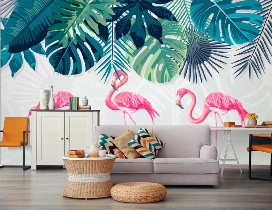 Flamingo under the Tropical Leaves Mural Wallpaper (SqM)