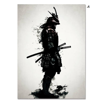 Japanese Samurai Warrior Ink Canvas Prints | Minimalist Black and White Poster For Living Room Office Décor