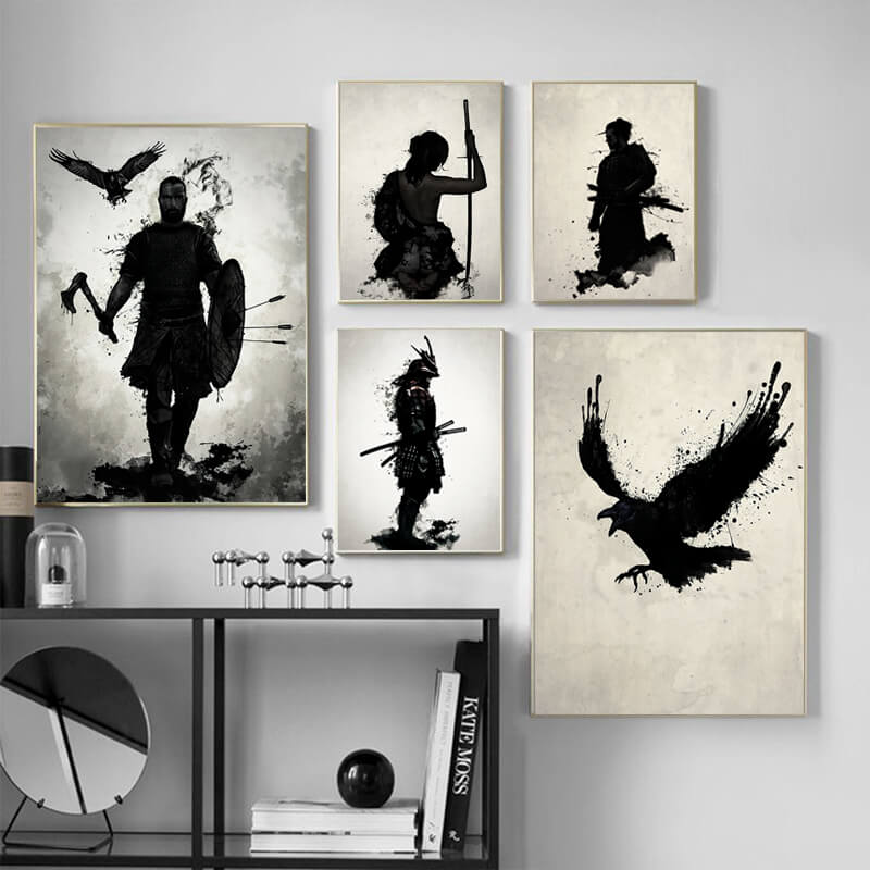 Japanese Samurai Warrior Ink Canvas Prints | Minimalist Black and White Poster For Living Room Office Décor