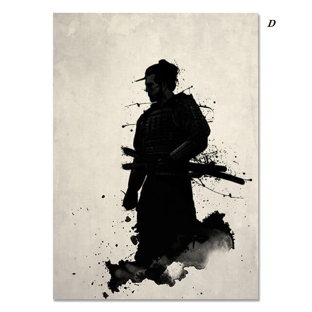 Japanese Samurai Warrior Ink Canvas Prints | Minimalist Black and White Poster For Living Room Office Décor
