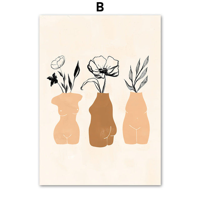 Mountain River Sun Leaf Vase Abstract Canvas Prints | Boho Style Minimalist Wall Art For Living Room Dining Room Modern Home Décor