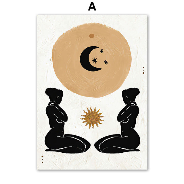 Mountain River Sun Leaf Vase Abstract Canvas Prints | Boho Style Minimalist Wall Art For Living Room Dining Room Modern Home Décor