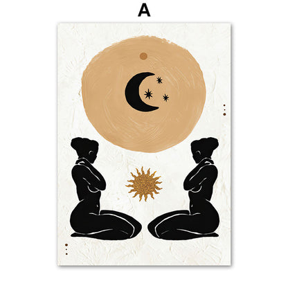 Mountain River Sun Leaf Vase Abstract Canvas Prints | Boho Style Minimalist Wall Art For Living Room Dining Room Modern Home Décor